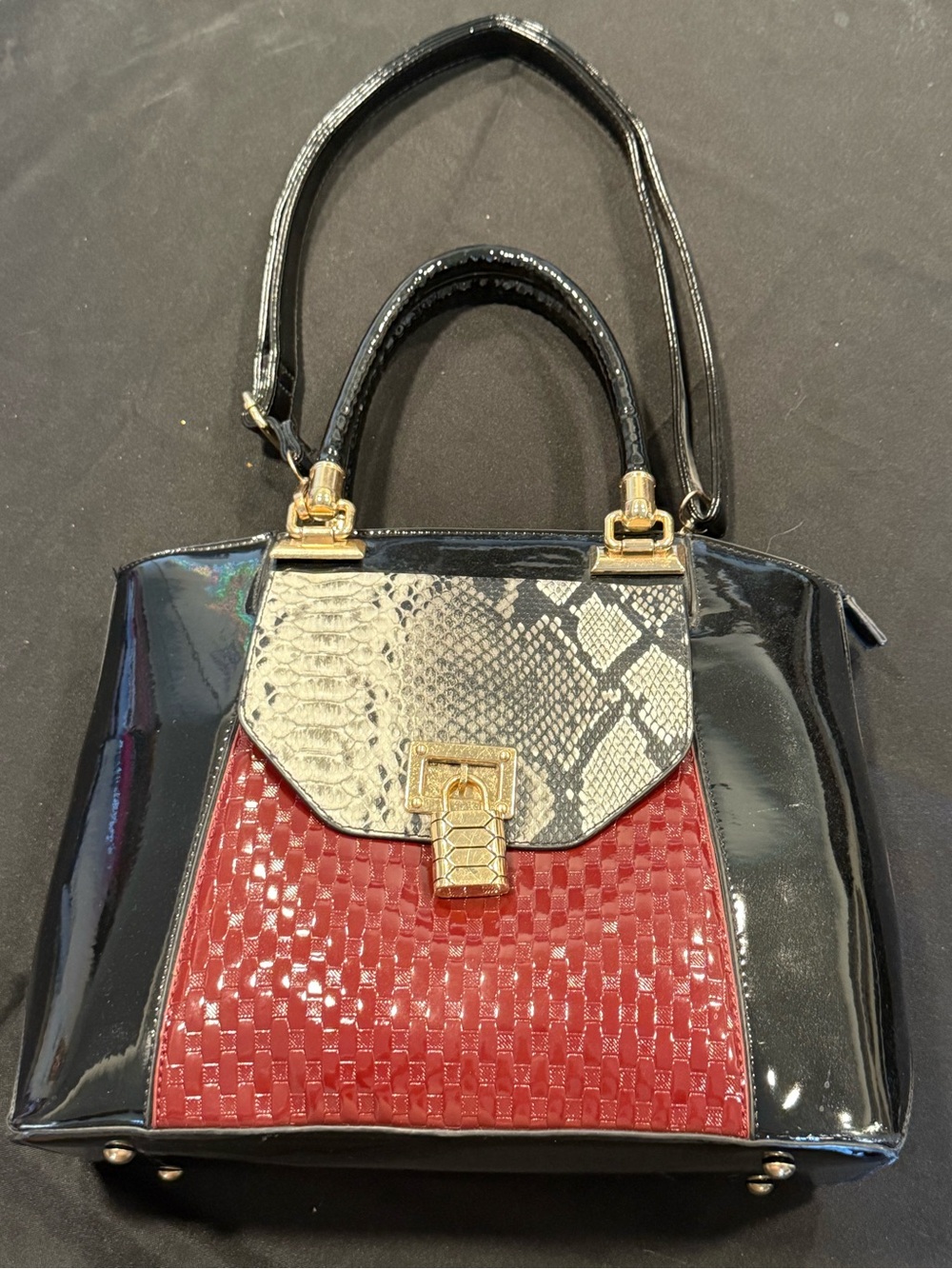 Arcadia Black Patent Satchel with Red Woven Panel and Snakeskin Flap